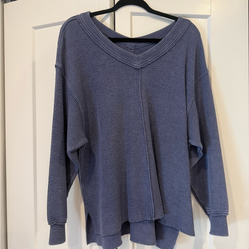 aerie Ribbed V-Neck Waffle Top in Denim Blue